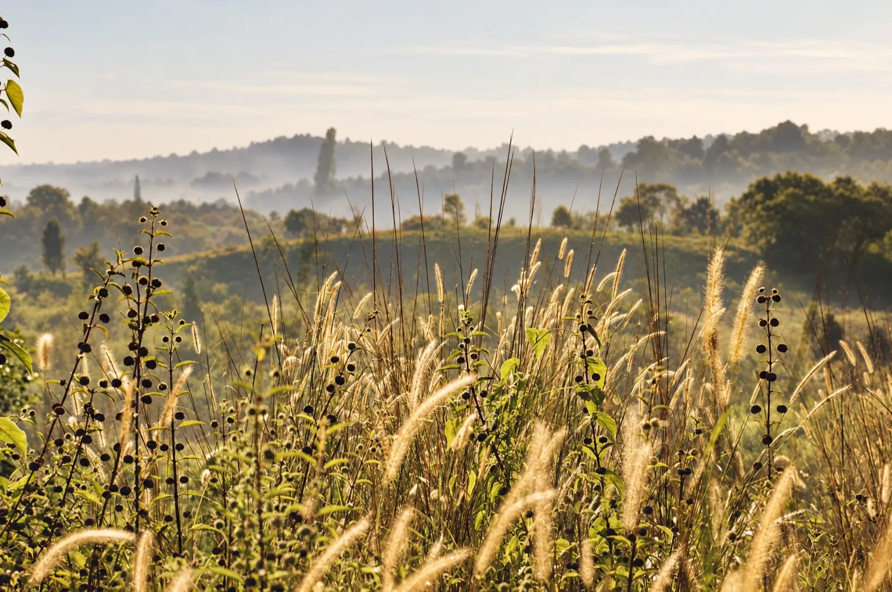 Wiese mit hohen Gräsern im Morgenlicht vor bewaldeten Hügeln