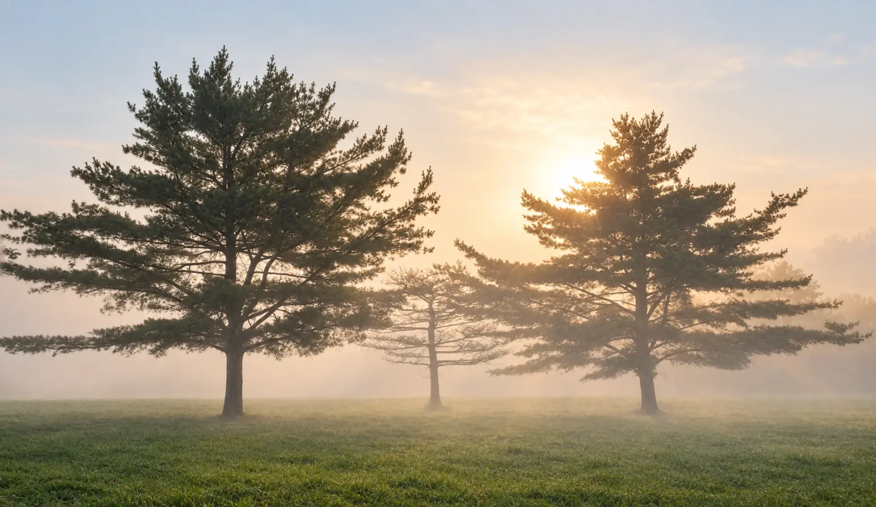 Drei Kiefern auf einer Wiese im Morgennebel bei Sonnenaufgang