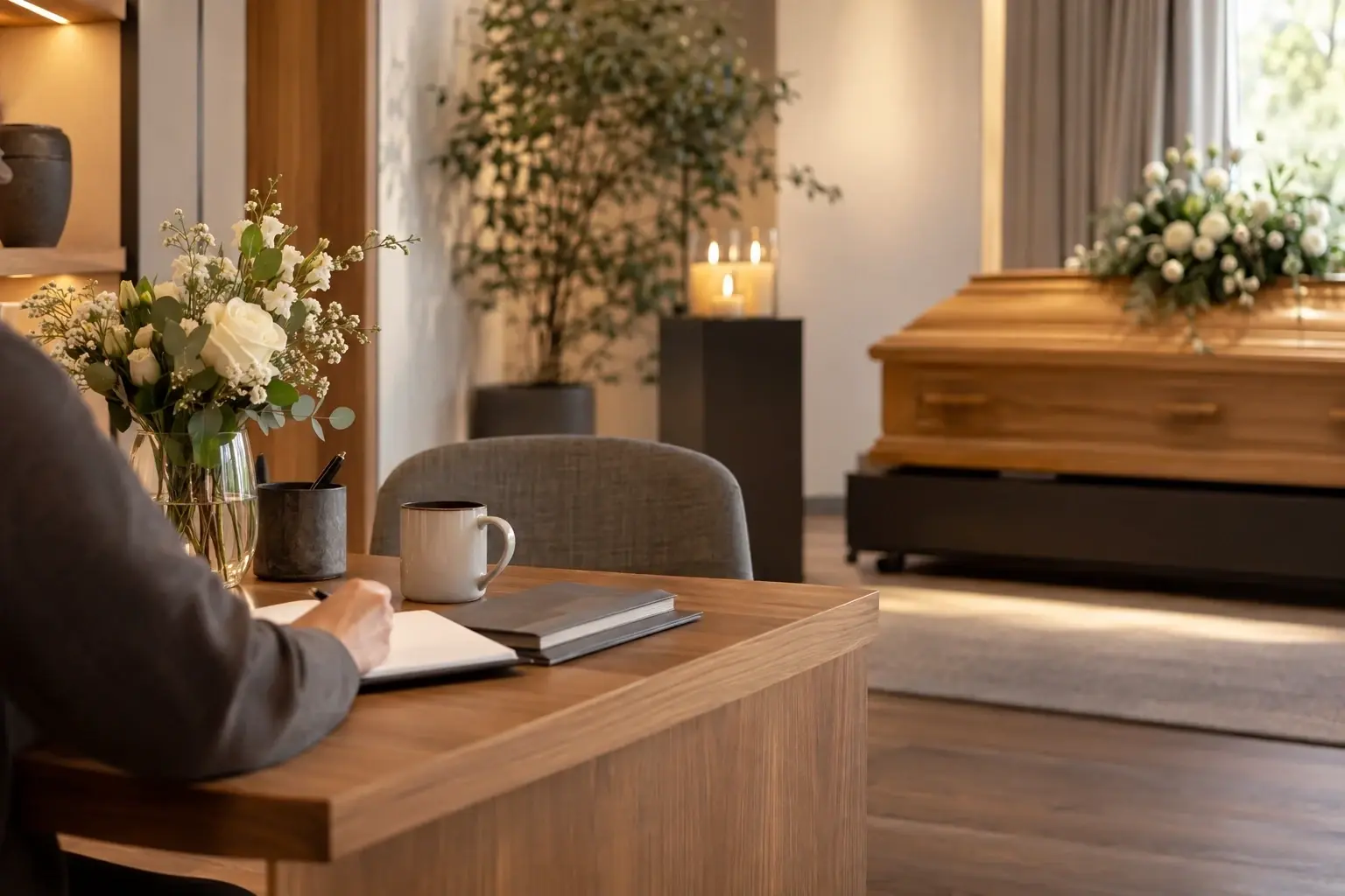 Schreibtisch mit Blumen und Tasse in einem hellen Raum, im Hintergrund ein Sarg mit weißem Blumengesteck und Kerzen.