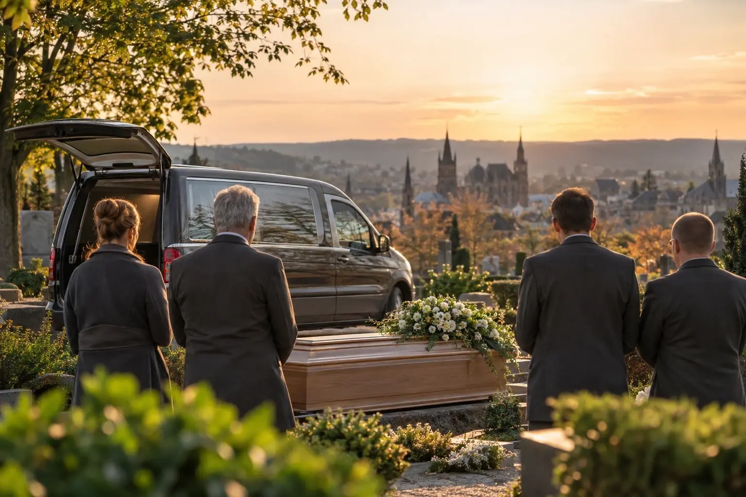 Sarg mit weißem Blumengesteck auf einem Friedhof, davor stehen Trauergäste im Abendlicht.