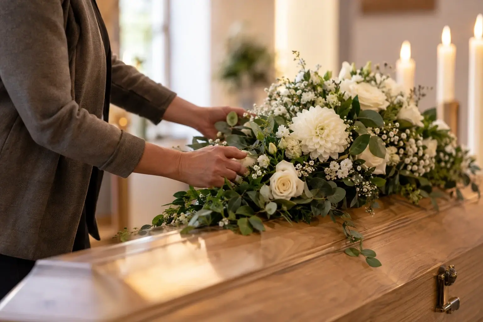 Hände ordnen ein Gesteck aus weißen Rosen und Grün auf einem hellen Holzsarg, dahinter brennen Kerzen.