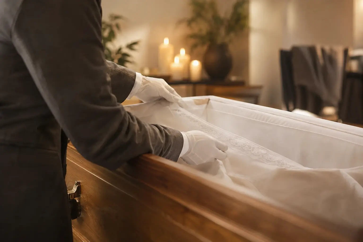 Hände in weißen Handschuhen legen das Tuch in einem hell ausgeschlagenen Holzsarg zurecht, im Hintergrund brennen Kerzen.